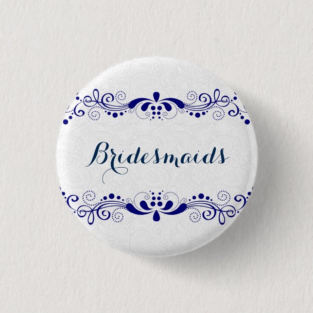 BridesMaid Blue Wirbel zeichnen weiße Hintergrundf Button (Vorderseite)