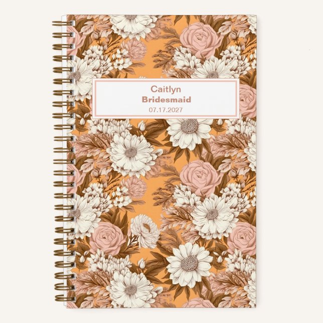 Bridesmaid Boho Orange and Peach Floral Pattern Notizbuch (Vorderseite)