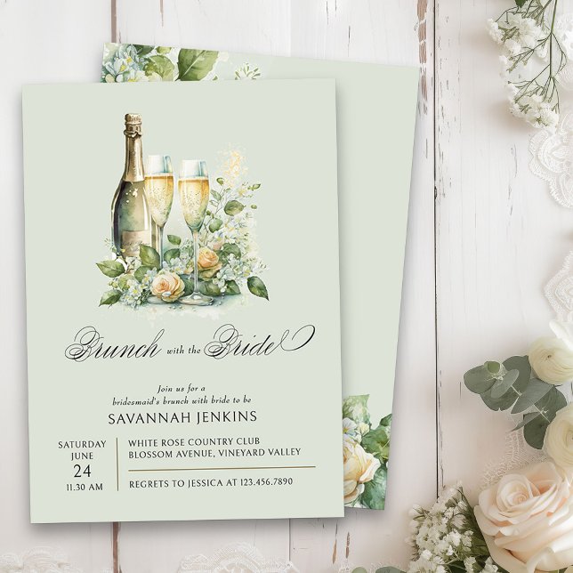 Bridesmaid Brunch mit Bride Champagne Floral Einladung (Brunch with the Bride floral champagne bridesmaid's brunch invitation on light sage green)