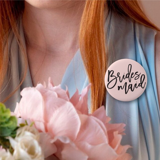 Bridesmaid Brush Script Chic Wedding Brautparty Button ('Bridesmaid' Brush Script Calligraphy Wedding Rehearsal Pin Button @ fatfatin_blue_knot)