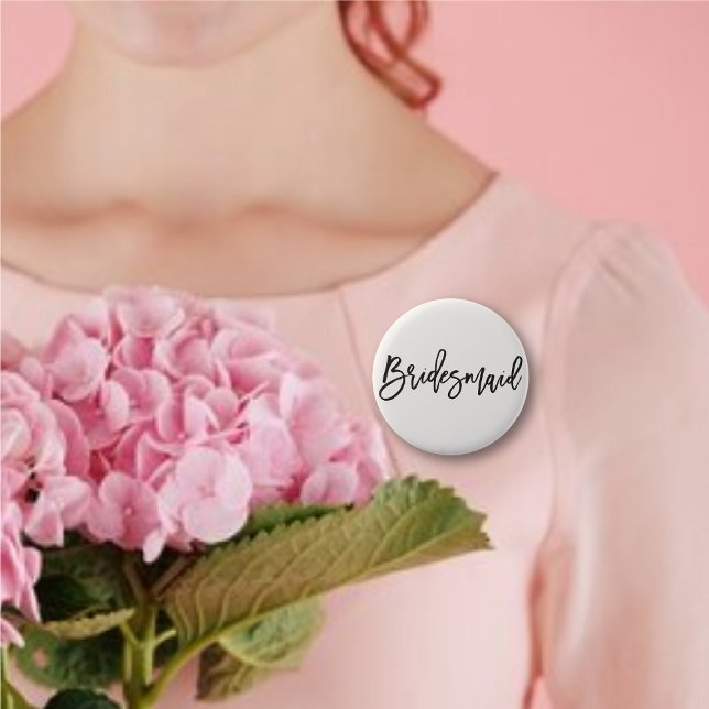Bridesmaid Brush Script Chic Wedding Brautparty Button ('Bridesmaid' Brush Script Calligraphy Wedding Rehearsal Pin Button @ fatfatin_blue_knot)