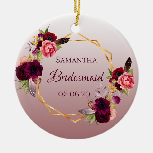 Bridesmaid Cinnamon Rose Florals Bordeaux Keramik Ornament (Vorne)