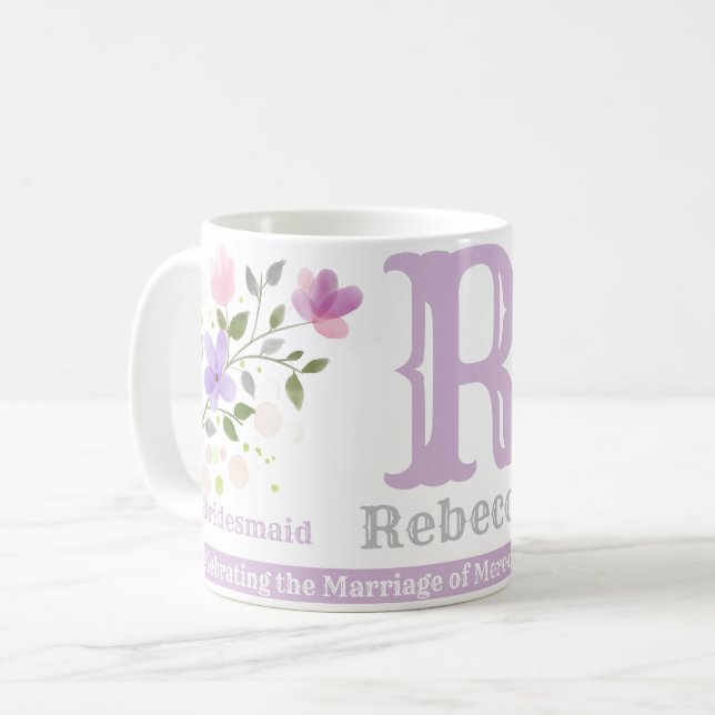 Bridesmaid Geschenk mit Name & Initial. Blumendesi Kaffeetasse (Vorderseite Links)