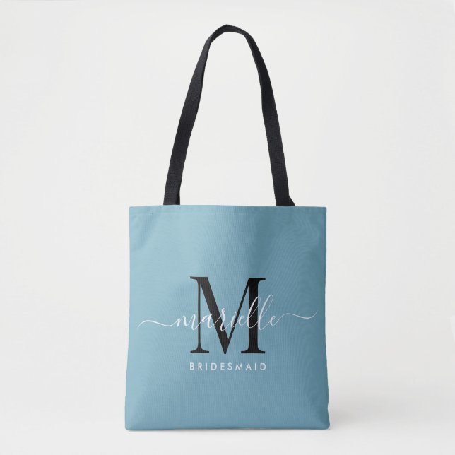 Bridesmaid Geschenk White Black Monogram Dusty Blu Tasche (Vorderseite)