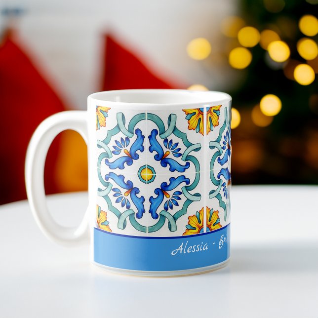 Bridesmaid Geschenke favorisiert blau Majolica Fli Kaffeetasse (Bridesmaid gifts favors blue Majolica tiles custom Coffee Mug bridal party favors personalized mug)