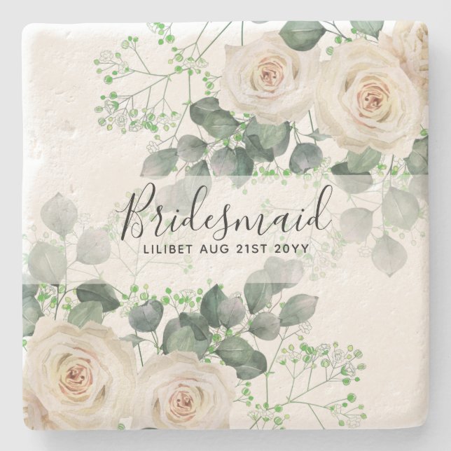Bridesmaid gibt White Roses Thema Personalisiert Steinuntersetzer (Vorderseite)
