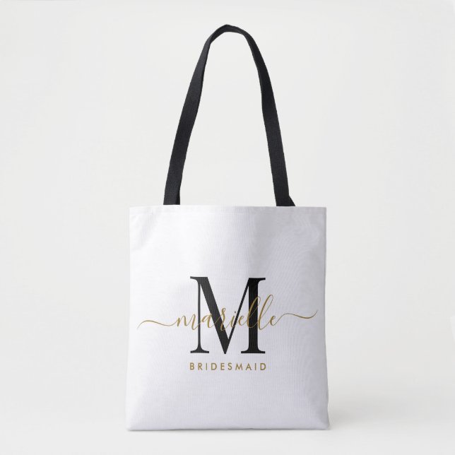 Bridesmaid Gift Gold Black Monogram White Tasche (Vorderseite)