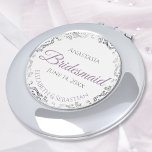 Bridesmaid Gift Lavender Purple Silver Taschenspiegel<br><div class="desc">These compact mirrors are designed to give as favors to the bridesmaids in your wedding party. Designed to coordinate with our Purple & Gray Elegant Wedding Suite, they feature a simple yet elegant design with a white background, Purple & Gray, and a silver faux foil floral border. Perfect way to...</div>