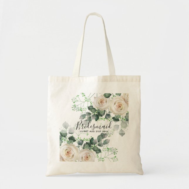 Bridesmaid Gifts White Roses Theme Personalized Tragetasche (Vorne)