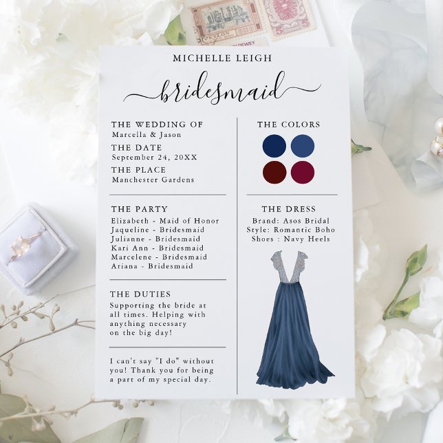 Bridesmaid Info Card Details Navy & Burgund Einladung (Von Creator hochgeladen)