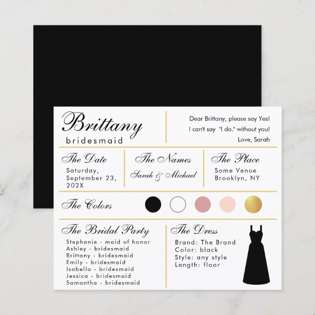 Bridesmaid Information Card - Black Gold Wedding (Vorne/Hinten)