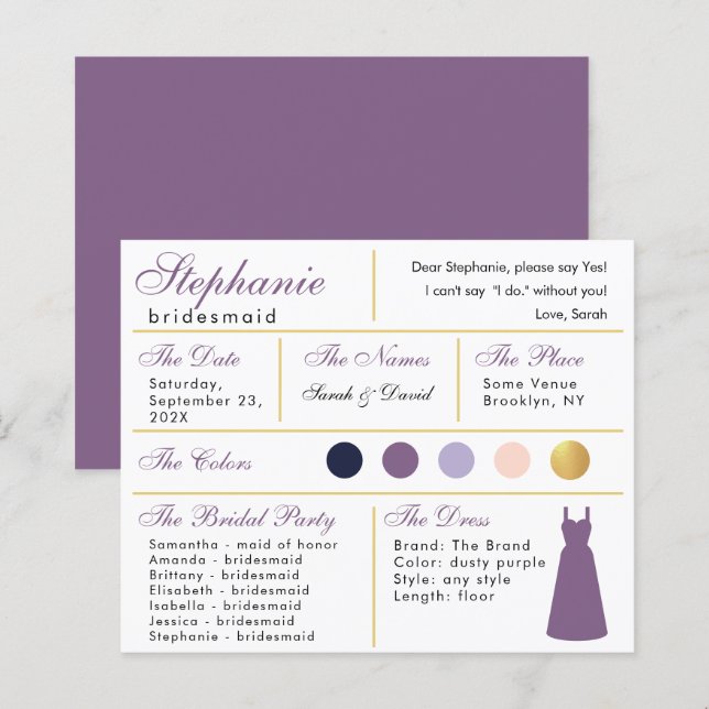 Bridesmaid Information Card - Dusty Lila Gold (Vorne/Hinten)