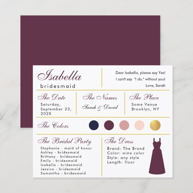 Bridesmaid Information Card Imitate Wein Farbe Gol (Vorne/Hinten)