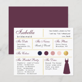 Bridesmaid Information Card Imitate Wein Farbe Gol