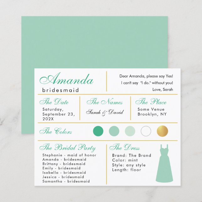 Bridesmaid Information Card Minze Green Imitate Go (Vorne/Hinten)