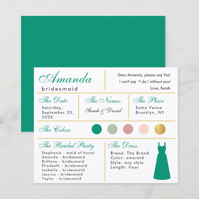 Bridesmaid-Informationskarte Emerald Green Gold (Vorne/Hinten)
