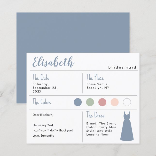 Bridesmaid-Informationskarte mit Dusty Blue Dress (Vorne/Hinten)