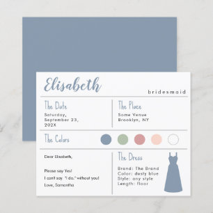 Bridesmaid-Informationskarte mit Dusty Blue Dress