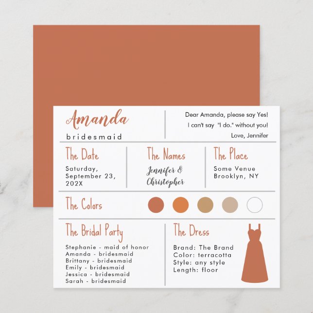 Bridesmaid-Informationskarte - Terracotta-Neutrale (Vorne/Hinten)