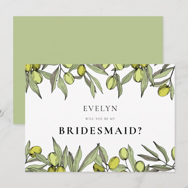 Bridesmaid-Karte für die moderne Olivenbranche Einladung (Vorne/Hinten)