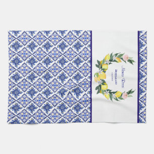Bridesmaid Lemon Blue Italian Tiles Brautparty Geschirrtuch