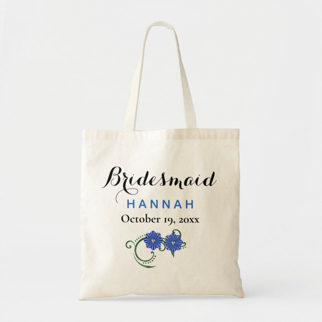 Bridesmaid Moderne Typografie Blaue Blumen Hochzei Tragetasche (Vorne)