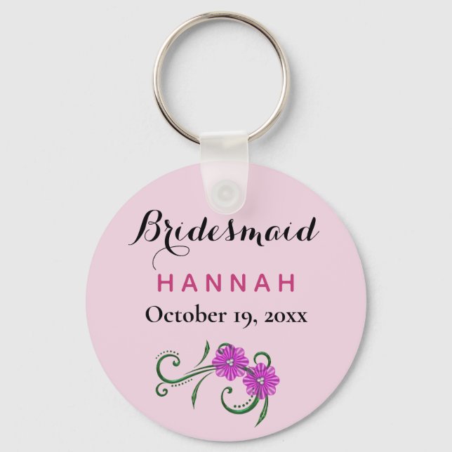 Bridesmaid Moderne Typografie Pink-Blume Hochzeit Schlüsselanhänger (Vorderseite)