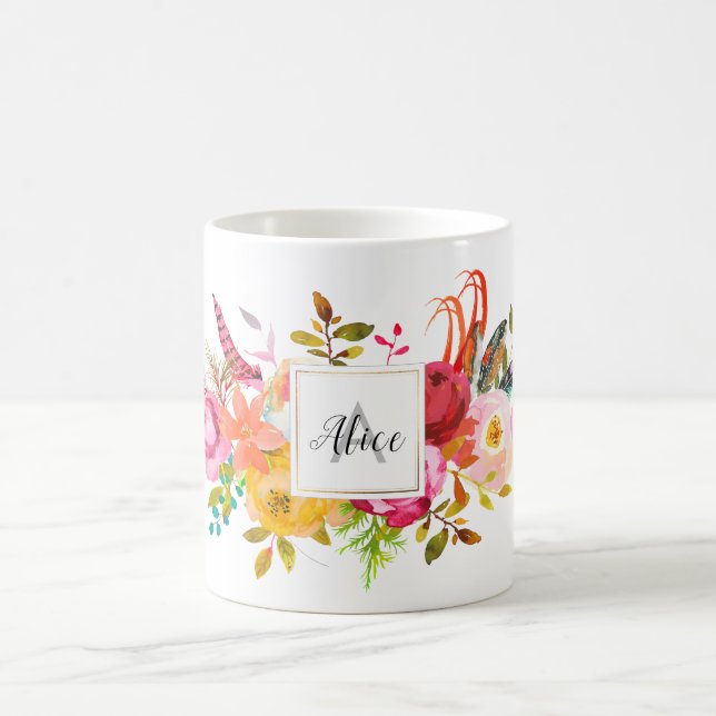 Bridesmaid Monogram Watercolor Boho Pink Blume Kaffeetasse (Mittel)