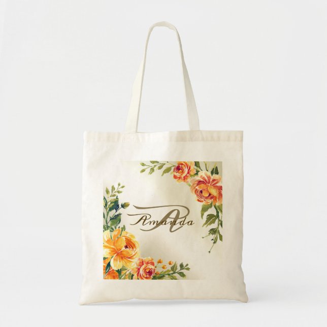 Bridesmaid Monogram Wedding Party Orange Floral Tragetasche (Vorne)