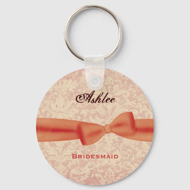 Bridesmaid Orange Bow Ecru Damask E009 Schlüsselanhänger (Vorderseite)