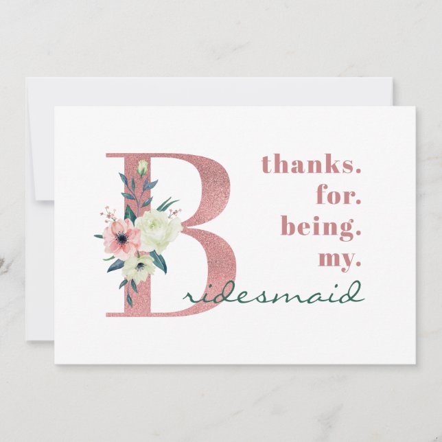 Bridesmaid Pink Floral Letter Wedding Dankeskarte (Vorderseite)
