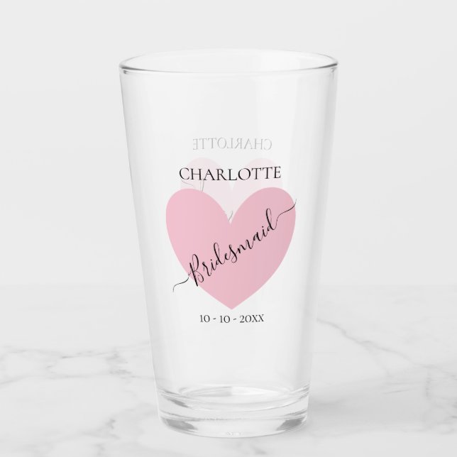 Bridesmaid Pink Heart Brautparty Personalisiert Glas (Vorderseite)