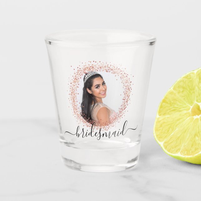 Bridesmaid Rose Gold Foto Glitzer Namenskript Schnapsglas (Vorderseite)