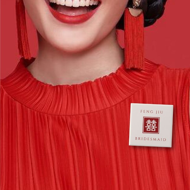 BRIDESMAID Square Double Happiness Chinese Wedding Button (BRIDESMAID Red/Ivory White Classic Square Double Happiness Wedding Button @ fatfatin_red_knot)