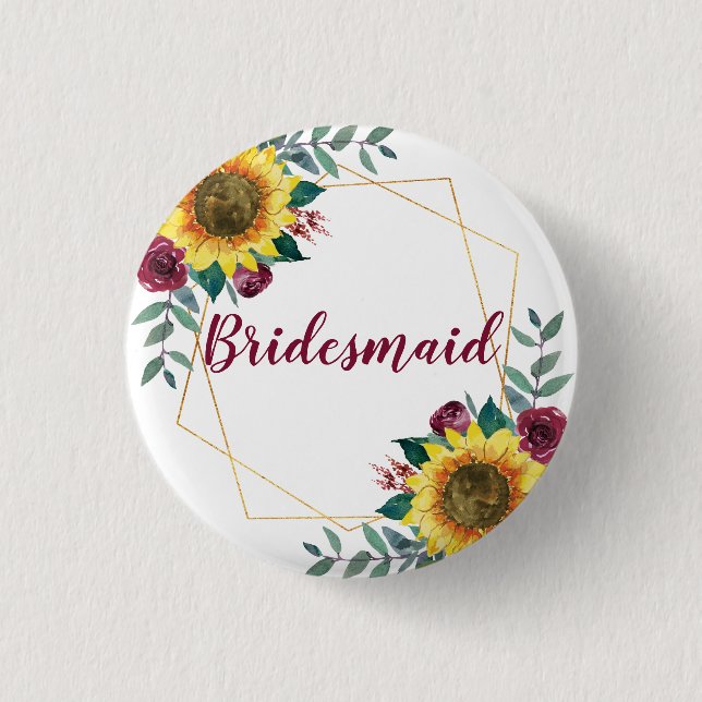 Bridesmaid Sunflower Geometric Burgundy Button (Vorderseite)