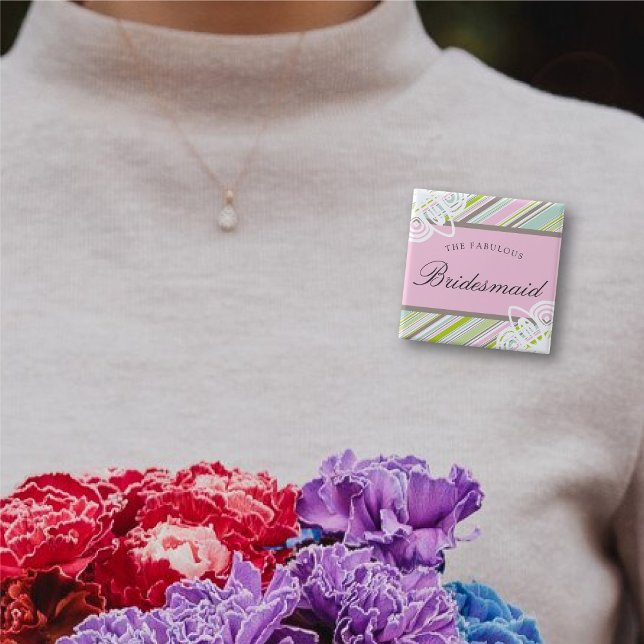 BRIDESMAID Sweet Garden Stripes Wedgename Tag Button (BRIDESMAID Sweet Garden Stripes Wedding / Bridal Party Name Tag Pinback Button @ fat_fa_tin)
