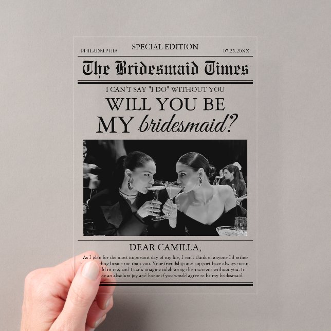 Bridesmaid Vorschlag Newspaper Foto Acryleinladungen (Insitu (Handheld))