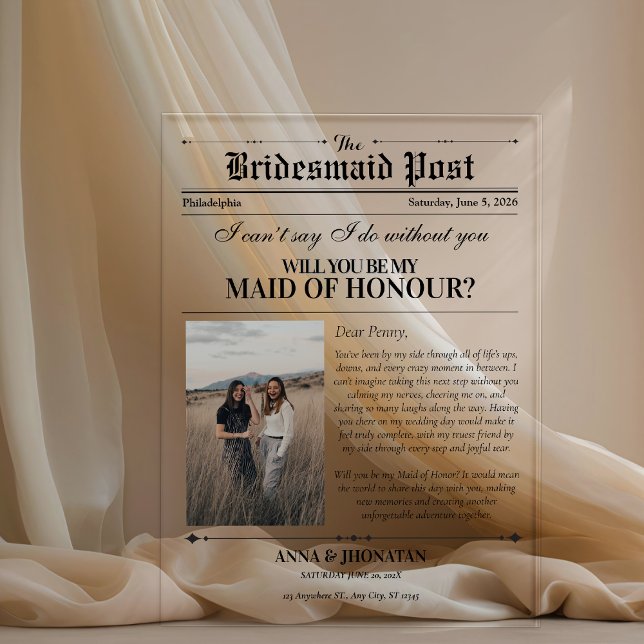 Bridesmaid Vorschlag Newspaper Foto Retro Acryleinladungen (Bridesmaid Proposal Newspaper Photo Retro Acrylic Invitations)