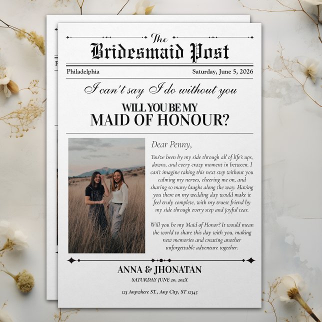 Bridesmaid Vorschlag Newspaper Foto Retro Einladung (Bridesmaid Proposal Newspaper Photo Retro Invitation)