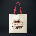 Bridesmaid Watercolor Burgundy Blue Floral R Tragetasche<br><div class="desc">Bridesmaid Watercolor Burgundy Marsala Blue Floral Tote Bag - Red Handle</div>