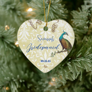 Bridesmaid White Distressed Damask Vintag Peacock Keramikornament