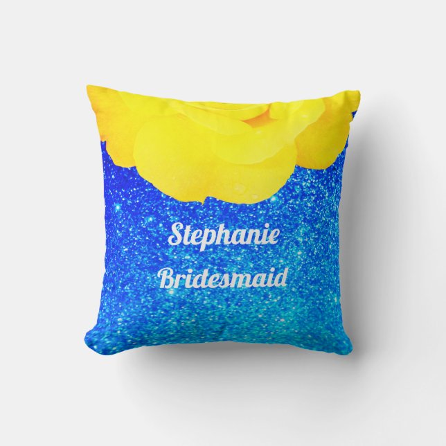 Bridesmaid Yellow Floral Blue Glitzer Wedding Kissen (Vorderseite)