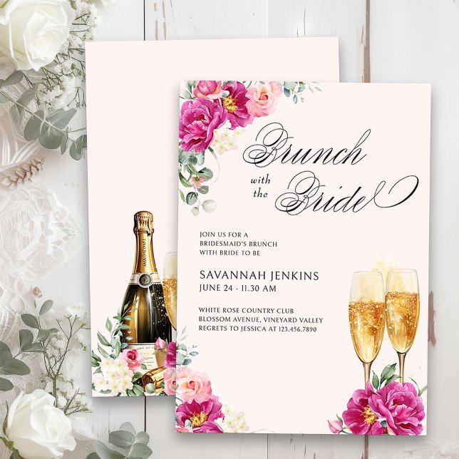 Bridesmaid's Brunch mit dem Bride Pink Champagne Einladung (Brunch with the Bride floral champagne bridesmaid's brunch invitation on blush pink)