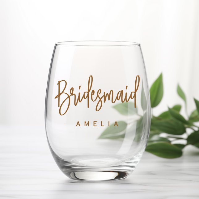 Bridesmaid's Name elegante Kalligraphieschrift Weinglas Ohne Stiel (Bridesmaid's name elegant calligraphy script stemless wine glass)