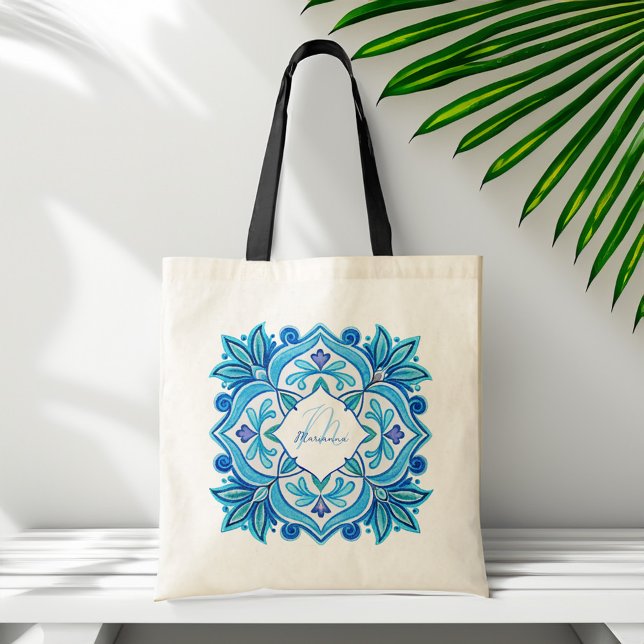 Bridesmaiergeschenke aqua blue talavera mit Monogr Tragetasche (Bridesmaids gifts aqua blue talavera customized monogrammed tote bag personalized name gifts for her)
