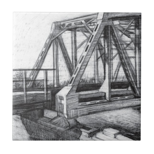 Bridge alte pencilart Monochrome Schwarz & Weiß Fliese (Vorderseite)