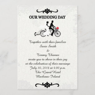 Bridge and Groom on Tandem Bicycle Wedding Invitat Einladung