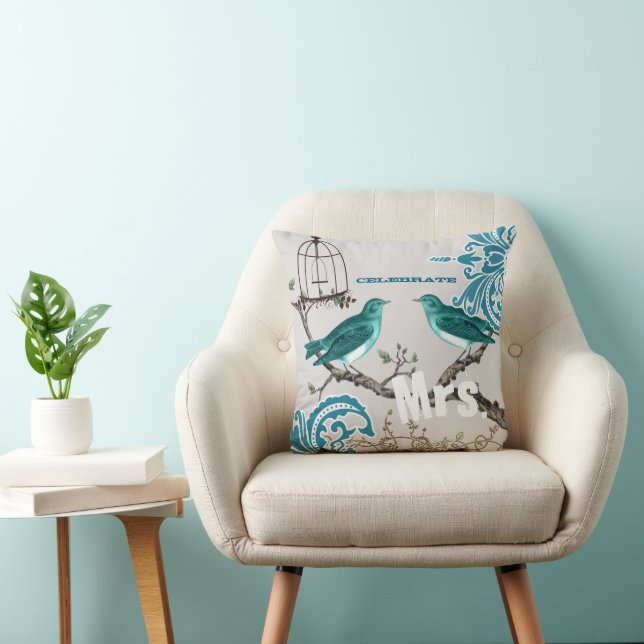 Bridge Aquamarin Damask Love Bird Birdcage Kissen (Stuhl )