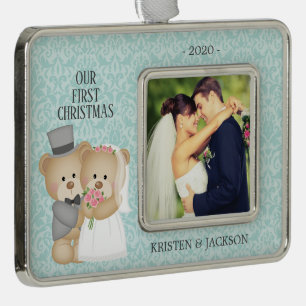 Bridge & Groom Bears Foto Rahmen-Ornament Silber