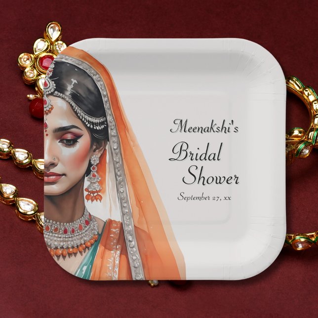 Bridge in Lehenga Choli Ethnisches indisches Braut Pappteller (Flat lay orange gold pre wedding elegance – Trbollywood Indian Bridal Shower Plate)